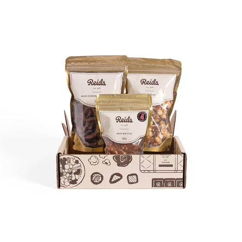 Reids Craft Beer brittle, Nut Crisp and chocolate-covered pretzels, wrapped in a newly designed, illustrated box.